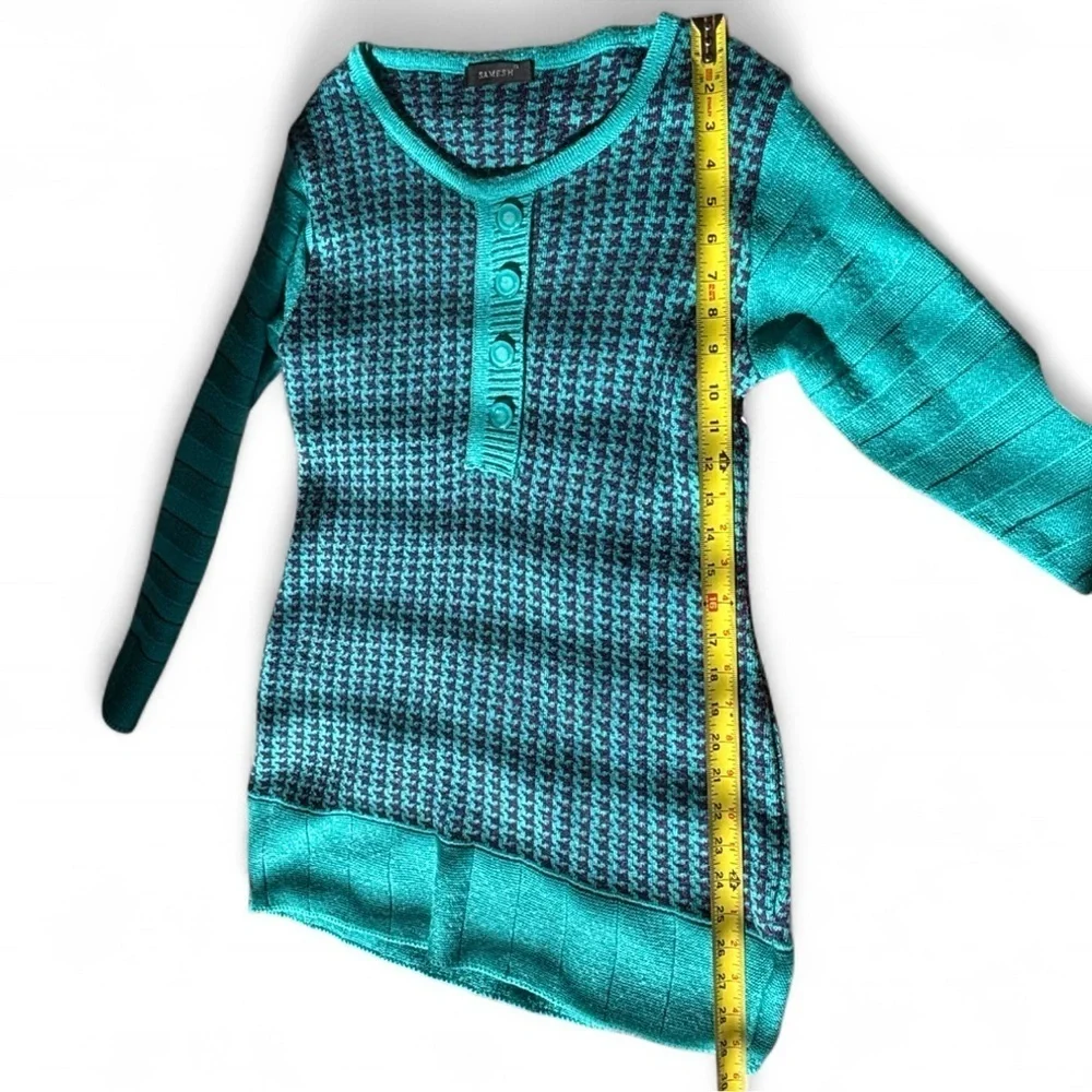 Vintage Teal Blue Henley Textured Geometric Knit Long Sleeve Tunic Sweater